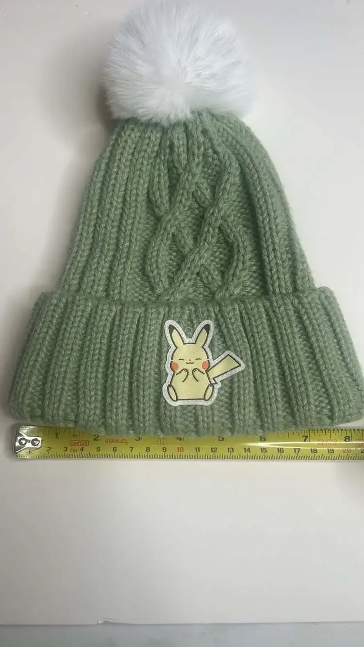 Youth Pokémon Pikachu Green & White Cable Knit Beanie With Pom Pom, NWOT